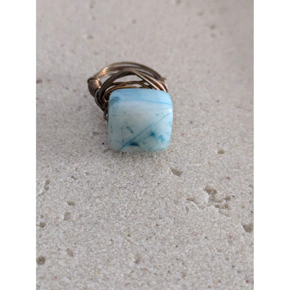 Bohemian Wire Wrapped Ring Size 6 Light Teal Blue Stone Artsy Eclectic Bronze